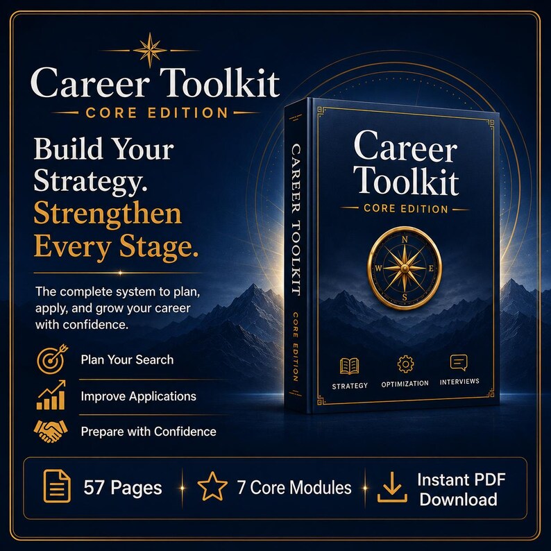 May include: A dark blue book titled Career Toolkit Core Edition with a gold compass emblem on the cover. The text reads Build Your Strategy. Strengthen Every Stage. It includes 57 pages, 7 core modules, and is available as an instant PDF download.