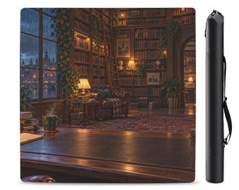 Puede incluir: Una alfombrilla de escritorio rectangular con una escena impresa de una biblioteca de madera oscura con estanterías de suelo a techo, un sillón de cuero y una ventana con lluvia, junto a un estuche de transporte negro cilíndrico.