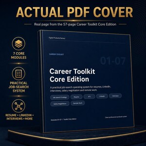 May include: A dark blue digital PDF cover titled Career Toolkit Core Edition. The text includes 7 Core Modules, Practical Job-Search System, and topics like Resume, ATS, LinkedIn, Interviews, Salary Negotiation, and Remote Work. It is a 57-page document.