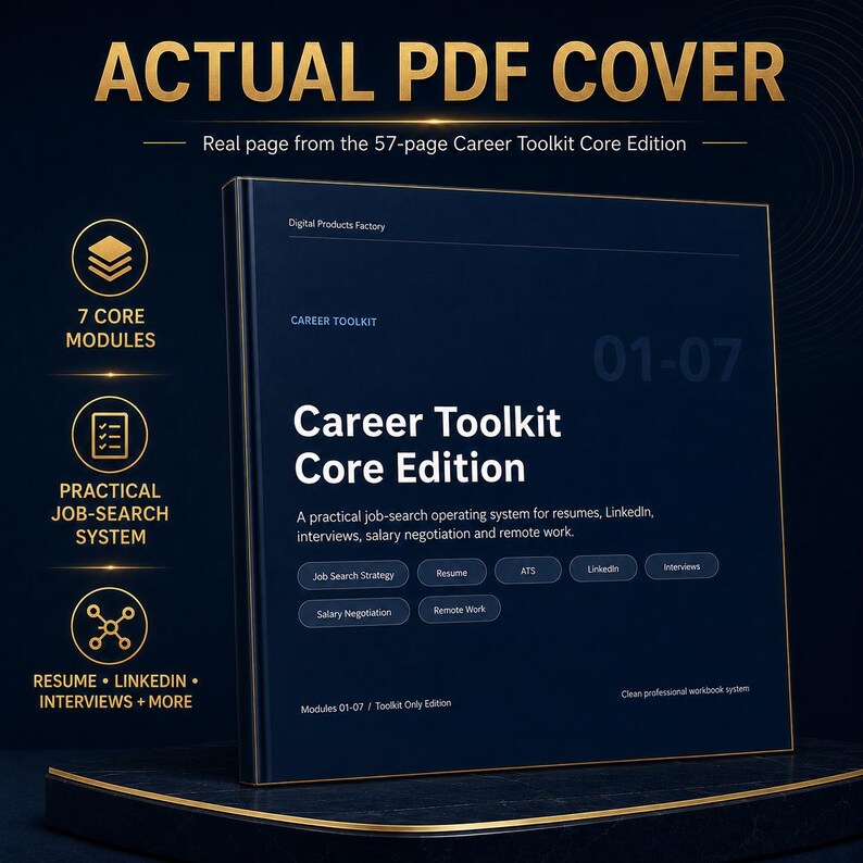 May include: A dark blue digital PDF cover titled Career Toolkit Core Edition. The text includes 7 Core Modules, Practical Job-Search System, and topics like Resume, ATS, LinkedIn, Interviews, Salary Negotiation, and Remote Work. It is a 57-page document.
