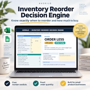 Op de afbeelding: Een laptopscherm toont de interface van de Averilo Inventory Reorder Decision Engine software. Het dashboard bevat gegevensvelden voor product-SKU, verkoopsnelheid, levertijden en een beslissingsvak voor het bestellen van 170 eenheden.