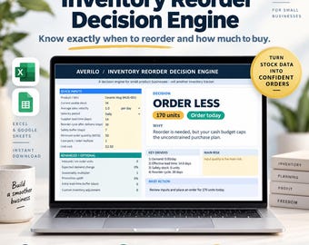 Puede incluir: Una pantalla de portátil muestra la interfaz del software Averilo Inventory Reorder Decision Engine. El panel presenta campos de datos para SKU de producto, velocidad de ventas, plazos de entrega y una recomendación de pedir 170 unidades.