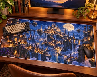 Puede incluir: Una alfombrilla de escritorio rectangular con una ilustración de fantasía detallada de un complejo de castillos brillante construido sobre acantilados flotantes, conectados por puentes de piedra, con cascadas, una gran luna llena y un cielo nocturno azul oscuro.