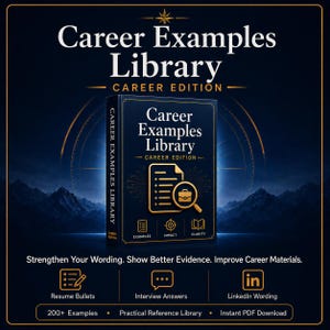 Könnte beinhalten: Ein dunkelblaues Buch mit dem Titel Career Examples Library Career Edition mit goldenem Text und Symbolen. Das Cover zeigt ein Dokument- und Lupensymbol. Darunter steht der Text: Strengthen Your Wording. Show Better Evidence. Improve Career Materials.