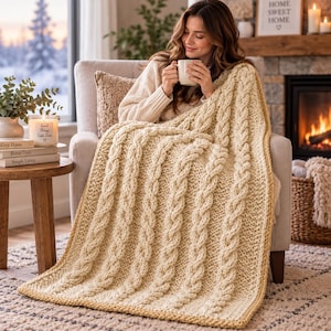 Può includere: Una coperta in maglia grossa color crema caratterizzata da motivi a treccia verticali e un bordo testurizzato. La coperta è drappeggiata su una sedia e mostra una costruzione in filato spesso con una trama coerente su tutto il pezzo.