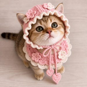 May include: A small brown tabby kitten wearing a pink crocheted bonnet with a scalloped cream-colored edge. The bonnet features pink and cream floral accents and two dangling pink heart-shaped charms attached to thin crocheted ties under the chin.
