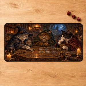 May include: A rectangular desk mat featuring an illustration of three cats dressed as wizards playing a card game at a wooden table. The scene includes lit candles, books, and a crescent moon window. Three red polyhedral dice are placed nearby.