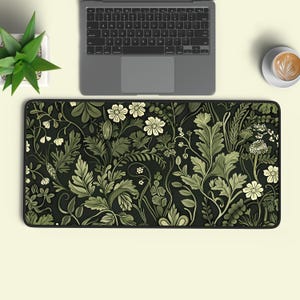 Art Nouveau Botanical Desk Mat, Vintage Floral Mouse Pad, Sage Green Nature Workspace