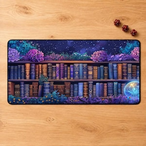 May include: A rectangular desk mat featuring a two-tiered bookshelf filled with various books, surrounded by purple hydrangea flowers and glowing foliage against a starry night sky. Three small red polyhedral dice sit nearby.