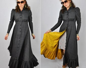 70s MAXI Dress Victorian Style by Les Elles Betty Carol Prairie Peasant Mourning Floral Hippie Boho Goth size XS - S