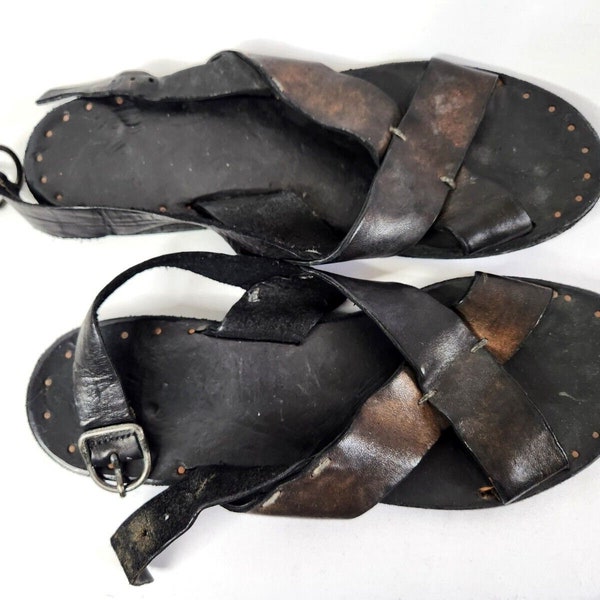 Vintage Men's Sandals - Distressed Brown Leather Cross Strap Sandals by AUGUSTO - Roman Gladiator Nomad Medieval Gypsy - Italy Men's 8.5