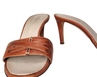 YSL Yves Saint Laurent Rive Gauge Vintage Mules Brown Leather Heels Vintage 70s 80s Size 36.5 - 6.5