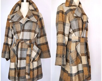 Chaqueta de cuadros de los años 70 con cuello puntiagudo y bolsillos - Chaqueta vintage de los años 70 con cinturón - Estilo bohemio estilo bosque, estilo suroeste, a cuadros, talla XS S