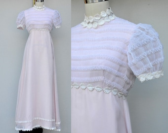 Vintage 60s Maxi Dress - Pink and White Dress - Floral Dress - Gunne Sax Style Dress - Bohemian Wedding Boho Hippie Prom Bride Bridal XS