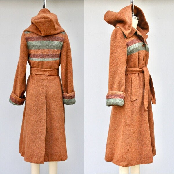 Abrigo de lana con capucha - abrigo de los años 60 70 - gabardina de lana marrón - precioso abrigo de lana con rayas - abrigo de lana con cinturón - abrigo de lana con capucha de los años 70 XS
