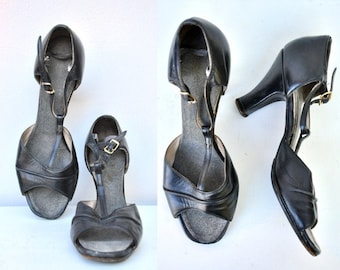 Vintage 40er Jahre Schwarze Leder Pumps Schuhe - 40er Jahre High Heels Schuhe - T-Strap Heels Schuhe - Mid Century Pumps - Elegante Cocktailparty - Gr. 38