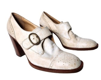 50s 60s Ivory Leather Shoes - Vintage Mary Jane High Heels Shoes - Wedding Shoes Elegant Cocktail Party Bride Bridal Wedding Dead-Stock 6.5