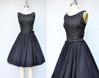 50s Black Dress - Silk Brocade Dress - Black ROSES Silk Brocade Pleated Dress Full Skirt Dress Bombshell Mourning Cocktail Wedding XS S