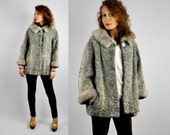 SALE 50s Gray Persian Curly Astrakhan Lamb Mink Fur Collar Wrists Jacket Coat - Silver Persian CURLY LAMB - Pockets Cape Capelet Stole S M
