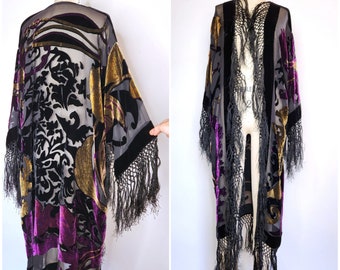 Vintage Crushed VELVET Fringed Duster Cloak Cape Flapper Shawl Piano - Bohemian Gypsy Goth Rock size XS - S