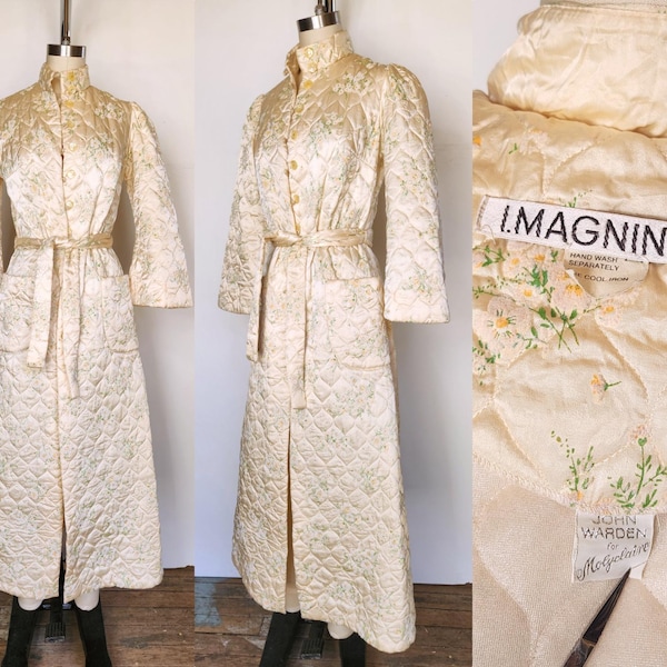 Quilted Long Robe I-Magnin John Warden for Molyclare - Gorgeous Ivory Texture Floral Robe 40s 50s Bed Jacket Duster Wedding Bride Statement