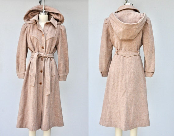 HOODED Wool Coat - 60s 70s Coat - Beige Wool Trenc
