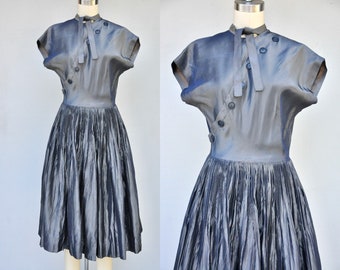 50s Silver Gray Dress - Pleated Dress - Mid Century Dress - Full Skirt Dress - Wedding Cocktail Party Glam Dress Bombshell size XS