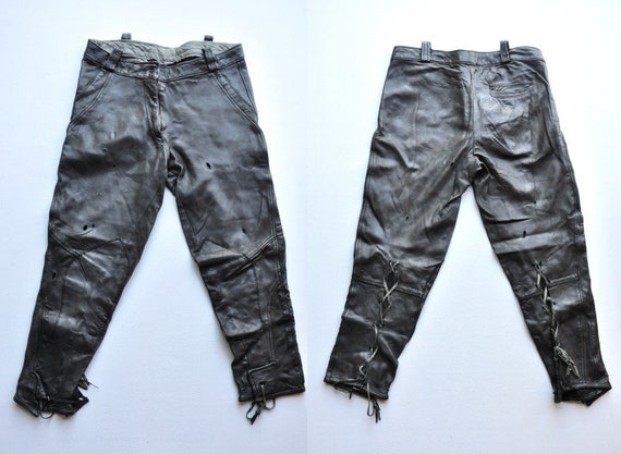 Vintage Black Leather Pants - Soft Supple Leather Pants - Women's Leather Pants - Holes Details - Rocker Biker Motorcycles Steampunk- XS - S