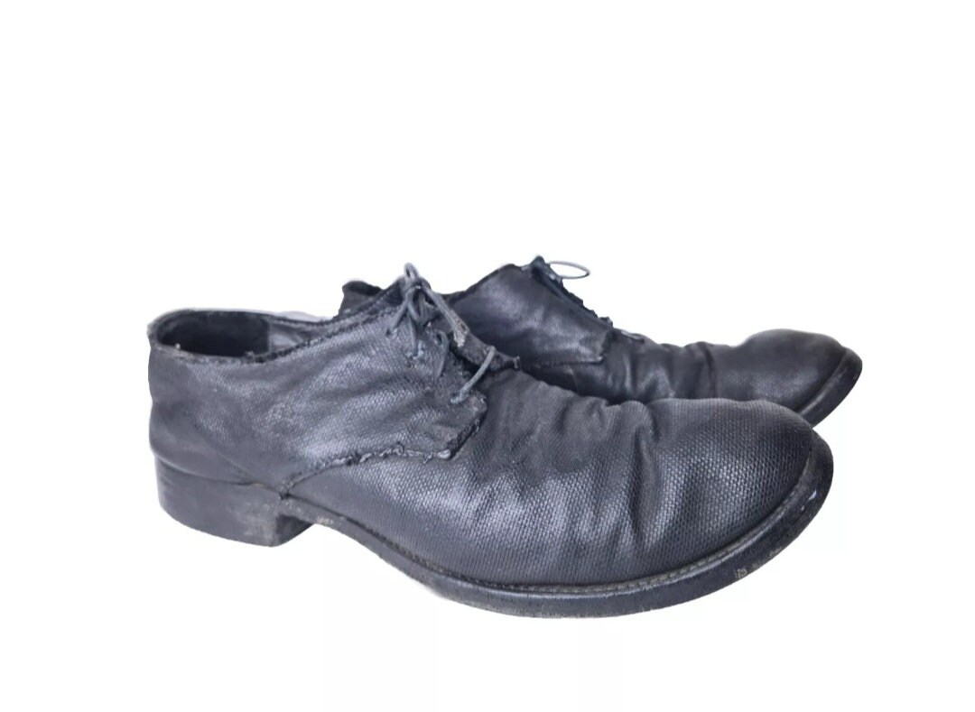 Vintage Textured Wrinkled Black Waxed Leather Ankle Boots  display picture 1