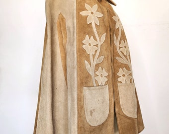 Vintage 70s Leather Suede Poncho Cape - Flowers Floral Suede Vintage 70s Leather Suede Poncho Cape - Flowers Floral Suede