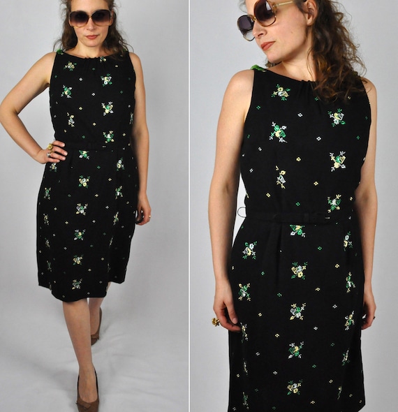 50s Dress - Floral WOOL EMBROIDERED Dress - Black… - image 1