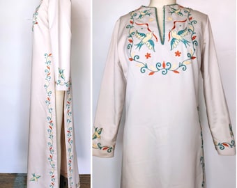 Abito lungo anni '70 con uccelli ricamati e spacco laterale lungo - stile hippie boho contadino prateria festival taglia XS - S
