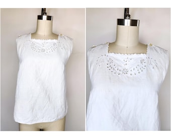 Corsé superior blanco de lino de principios del siglo XX - Blusa interior con ribete de ojales y estampado floral - Estilo italiano, blanco, campesino, estilo pradera, gitano, estilo eduardiano, bohemio, tallas XS a S