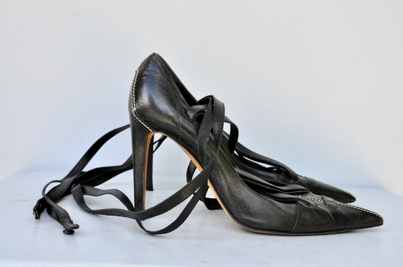 YSL Yves St Laurent Black Stiletto Pumps Shoes - High Heels - Gladiator Straps Shoes - Ankle Strap Shoes - Cocktail Elegant Couture 38 7.5 8 image 3