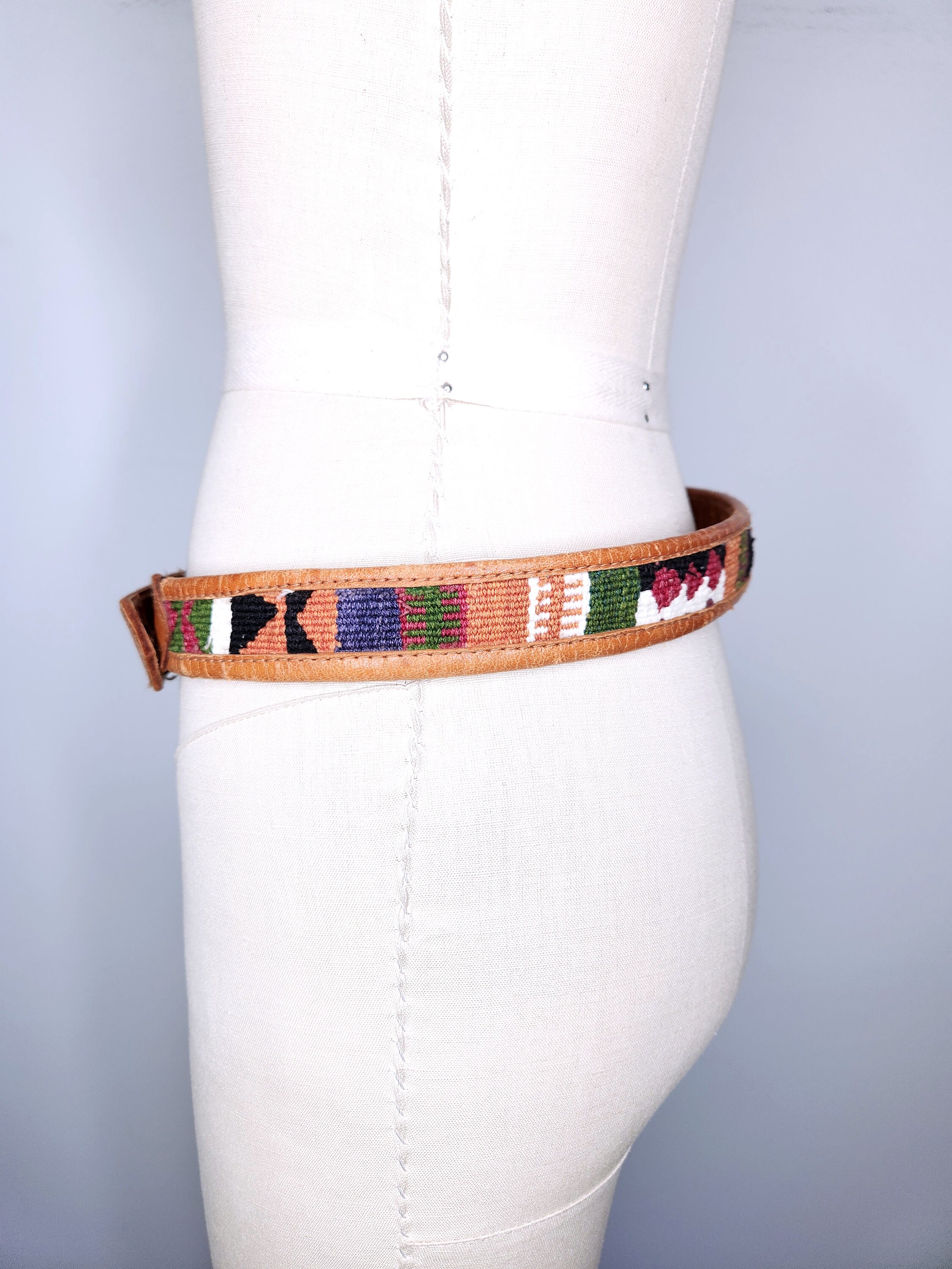 Colorful Kilim LEATHER Belt - WOOL & Leather Belt - Navajo 
