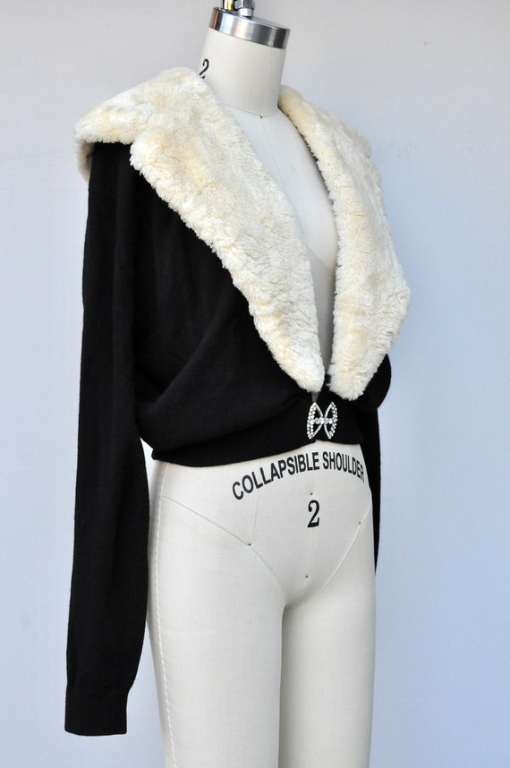 50s Black Cashmere Cardigan with Shearling Fur Co… - image 2
