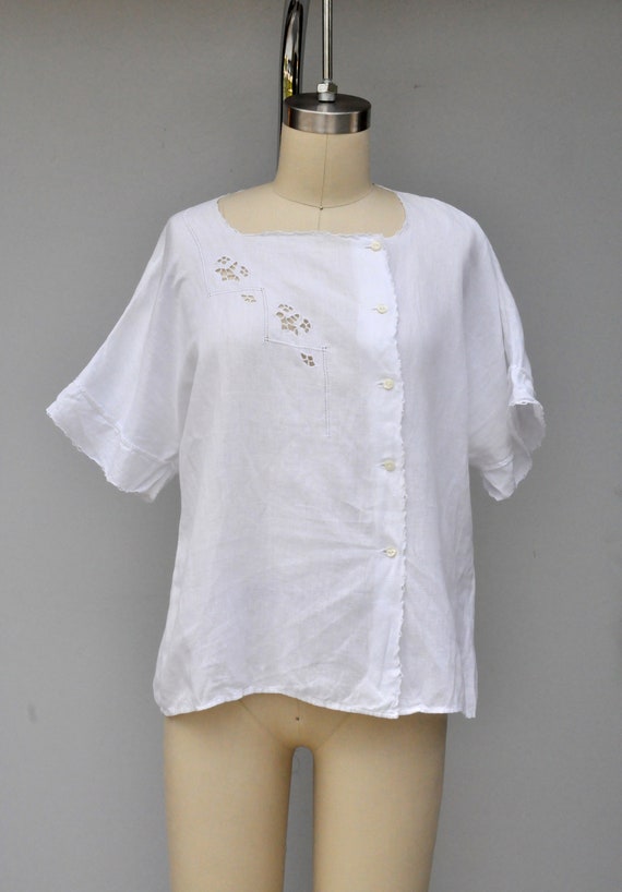 Asymmetrical White Cotton Blouse - Hand Embroider… - image 2