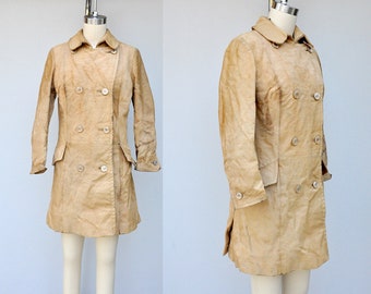 Giacca in pelle vintage - Giacca in pelle di vacchetta - Giacca doppiopetto - Giacca trench - Accessorio per le riprese del Woodstock Festival Woodland S M