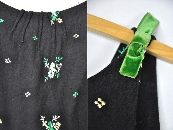 50s Dress - Floral WOOL EMBROIDERED Dress - Black… - image 2