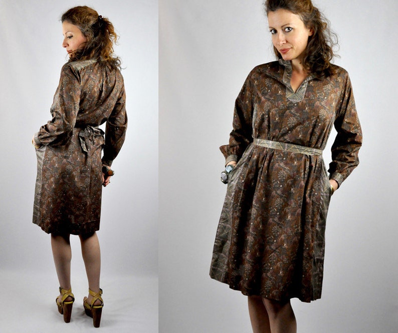 Vintage Indian Silk Dress Silk /& Cotton Dress Block Print Indian Dress S Boho Hippie Gypsy M Pockets Long Sleeves Belted