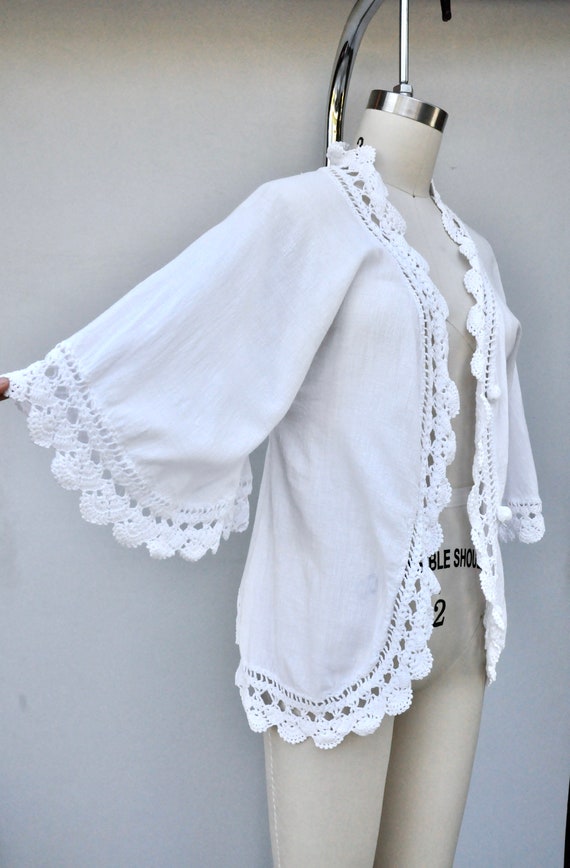 Vintage Crochet Trim BELL Sleeves Blouse Jacket S… - image 5