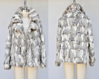 Vintage 2 Tones Gray Rabbit FUR Jacket - Multi Color Rabbit Fur Jacket - Soft Warm Fur- Wedding Bride Glam Winter Fur size XS - S