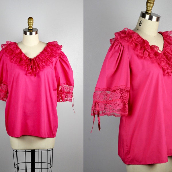 Ruffled Blouse Fuchsia Hot Pink Blouse 70s 80s Large Oversized Ruffled LACE Collar & Sleeves Loose Fit Blouse Colorful size M- L