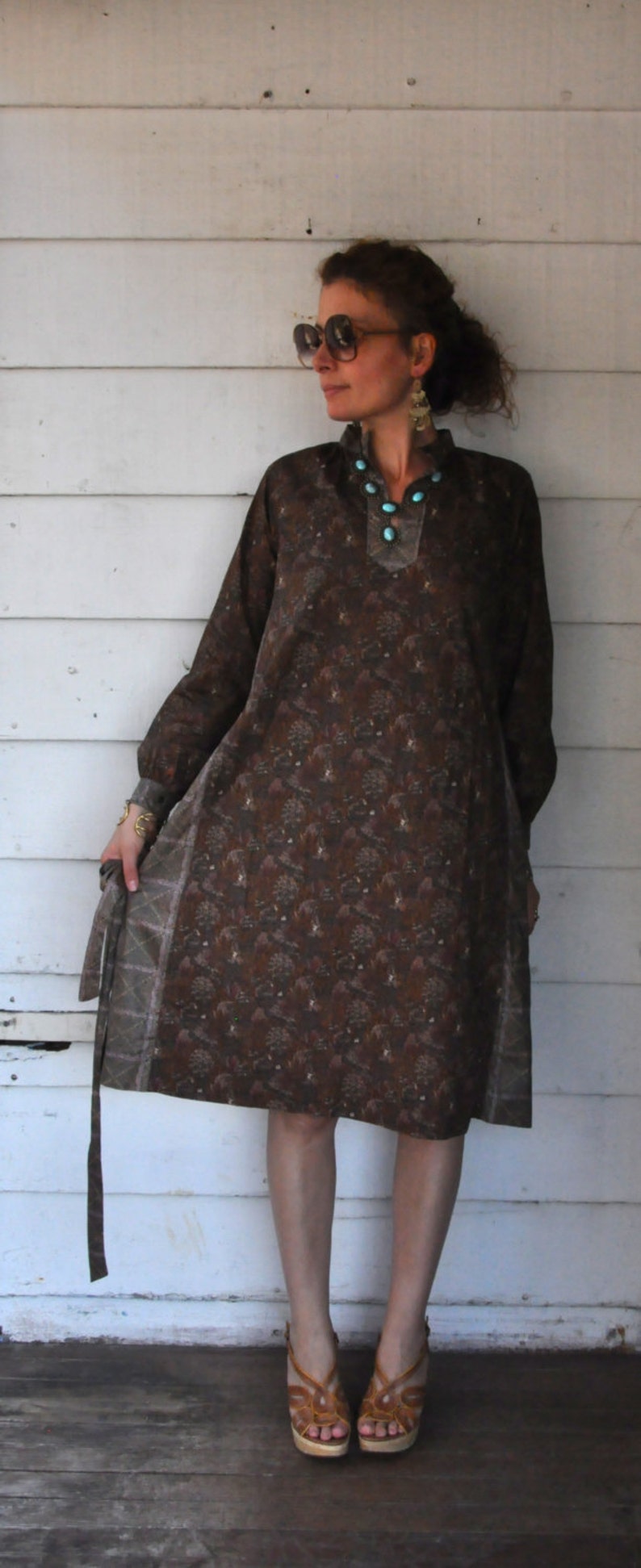 Vintage Indian Silk Dress Silk /& Cotton Dress Block Print Indian Dress S Boho Hippie Gypsy M Pockets Long Sleeves Belted