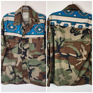 Camisa militar e estilo sudoeste masculino vintage - Camisa de retalhos - Camisa de botões com 4 bolsos - Jaqueta militar - Tamanho M - G