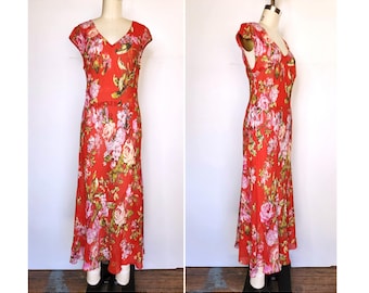 Vestido vintage de seda - Vestido com corte enviesado - Vestido com estampa floral - Estilo Art Déco dos anos 1930 - Vestido transparente - Festa de coquetel XS P