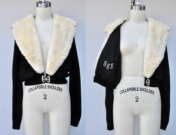 50s Black Cashmere Cardigan with Shearling Fur Co… - image 1