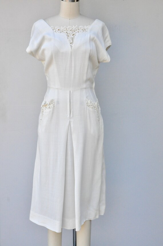 Vintage Off White Dress 40s 50s - Pockets and App… - image 5