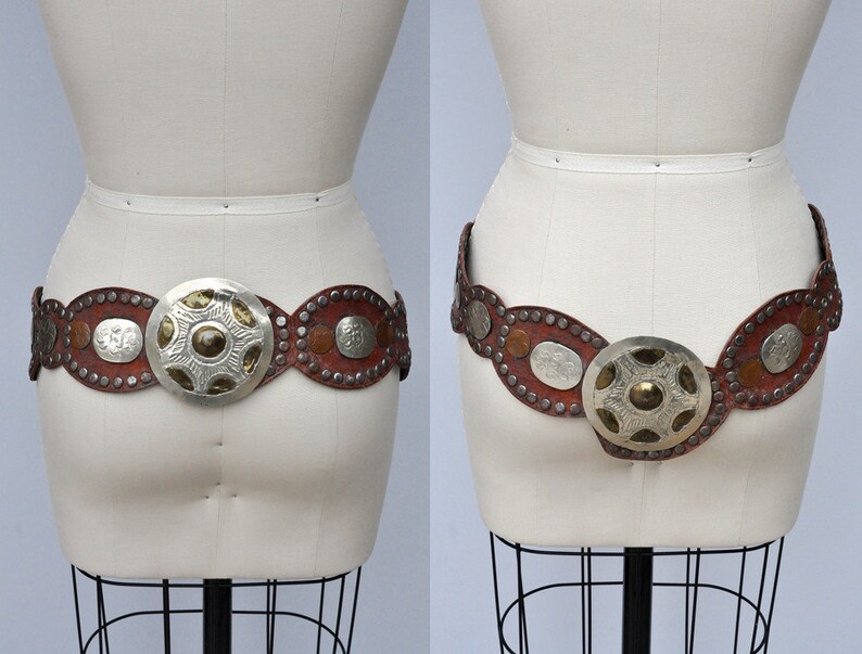 Vintage Wide Leather and Metal Belt Huge Metal Round Belt Etsy