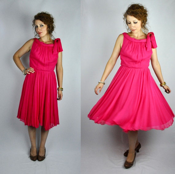 50s SILK Pink Dress - Hot Pink Dress - Fuchsia Dr… - image 1